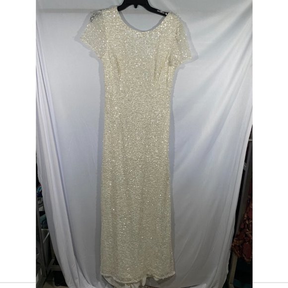NEW Adrianna Papell Scoop Back Sequin Evening‎ Gown in Ivory-White [SZ 10 ] - Picture 4 of 10